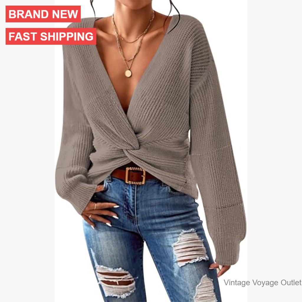 Cropped V-Neck Pullover Sweater With Twist Knot Long Sleeve Casual Top